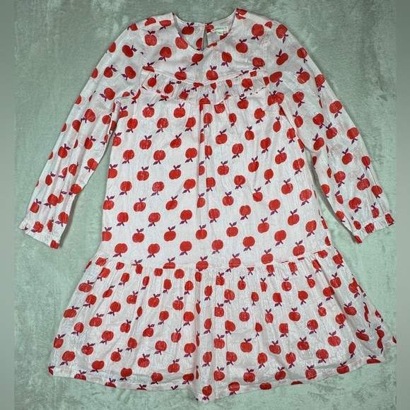 J.Crew Crewcuts Shimmer Apple Print Long Sleeve Pink Ruffle Girls Dress Size 12 - Picture 1 of 15